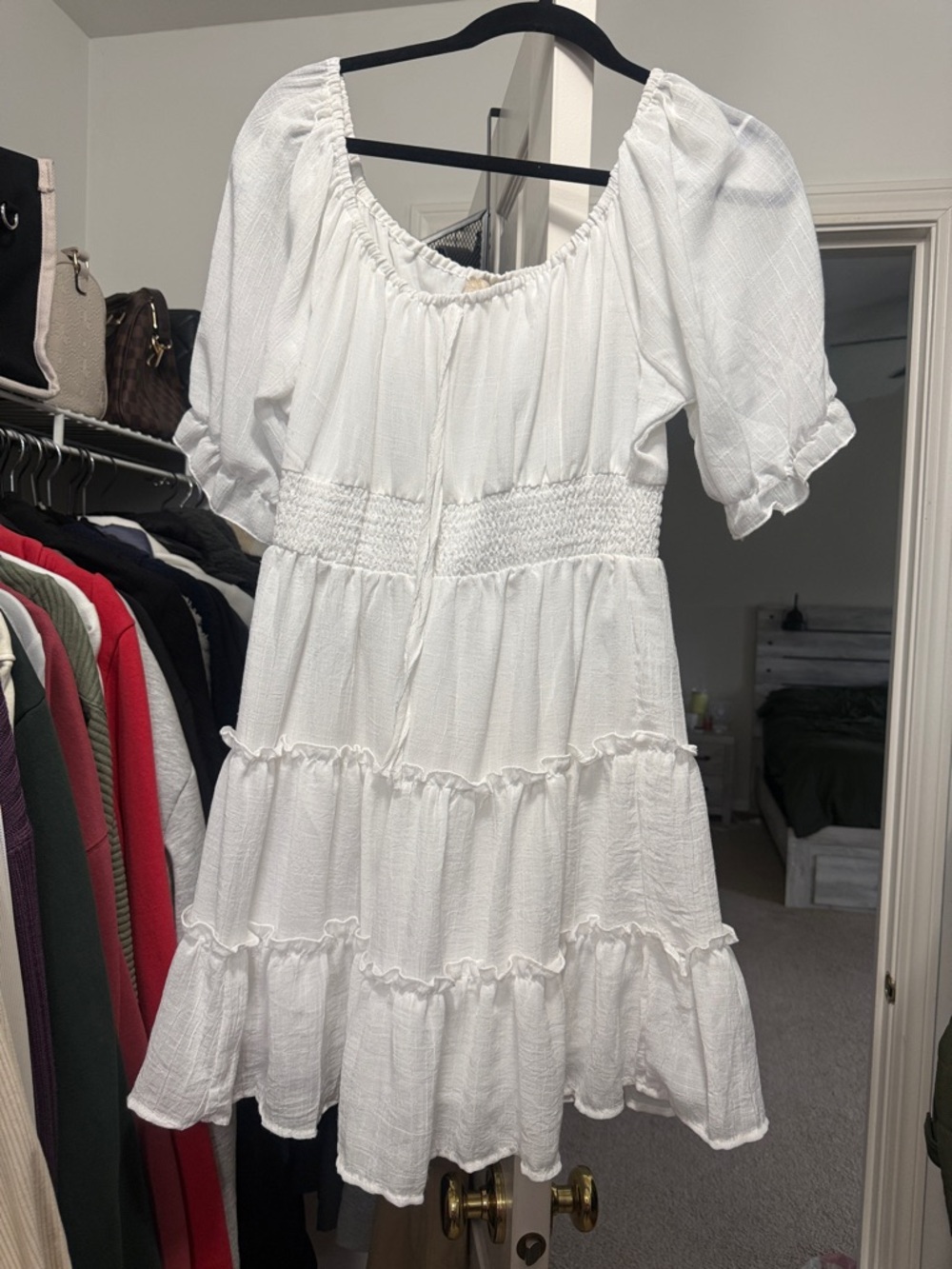 indulge White Tiered Puff Sleeve Mini Dress